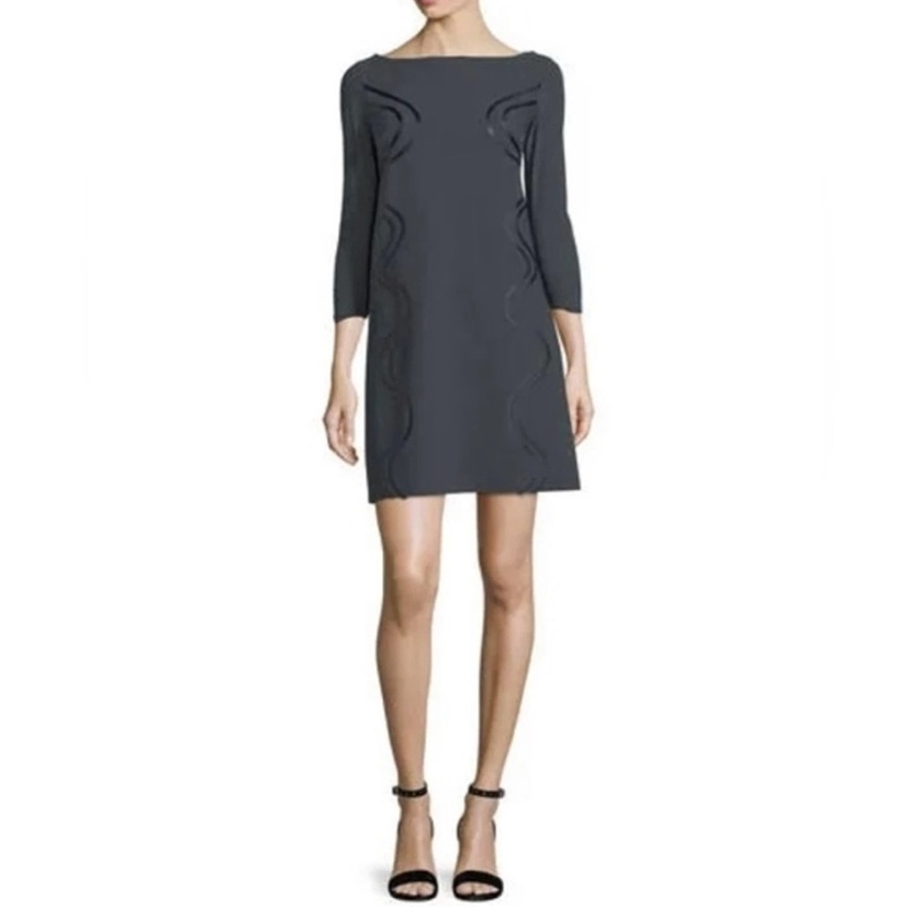CHIARA BONI Elfrida Boat-Neck 3/4 Sleeve Dress Faux Leather Trim Size 10